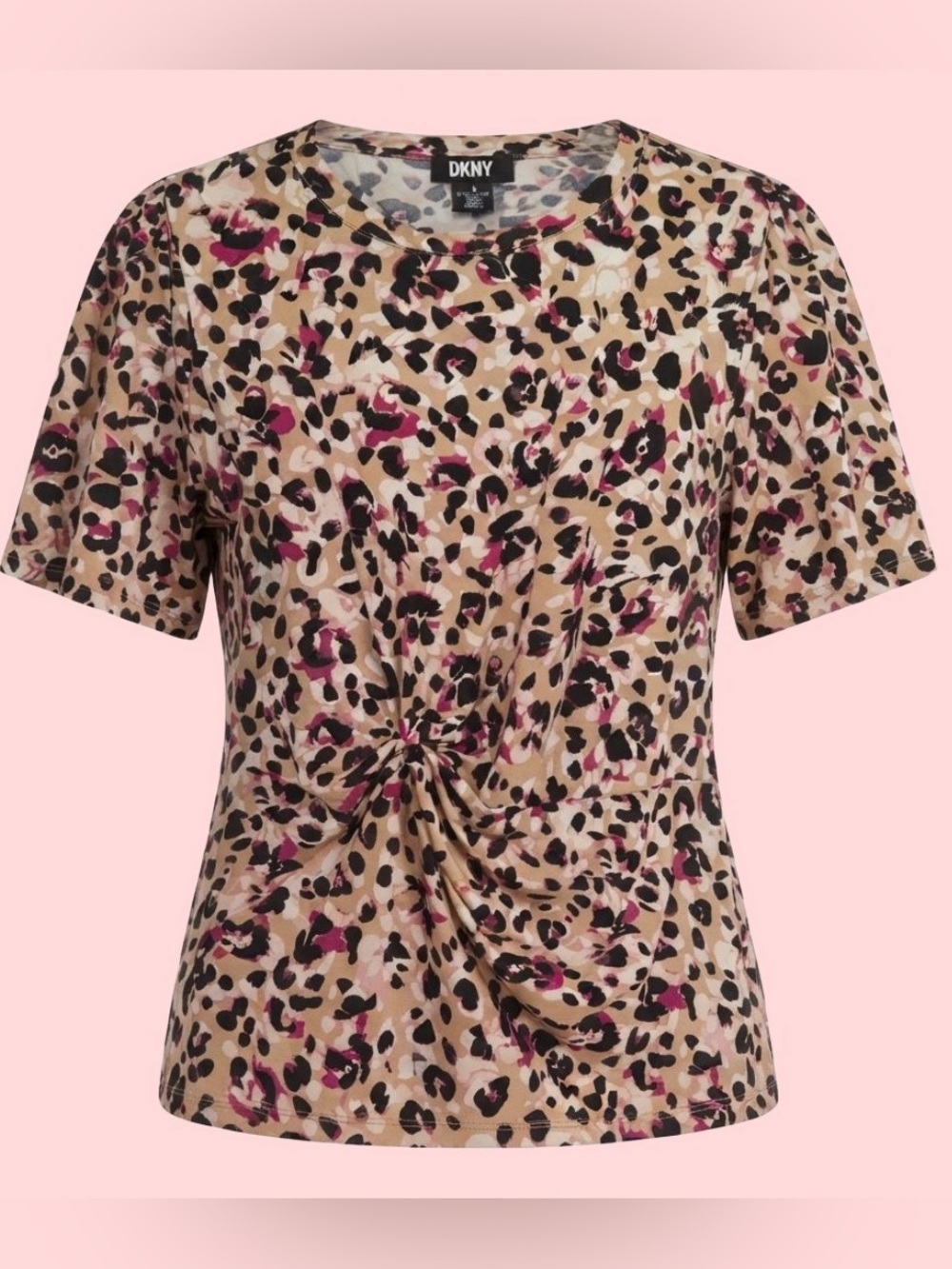 DKNY Women's Leopard Print Blouse with Knot Detail and Flowy Short Sleeves Sz L